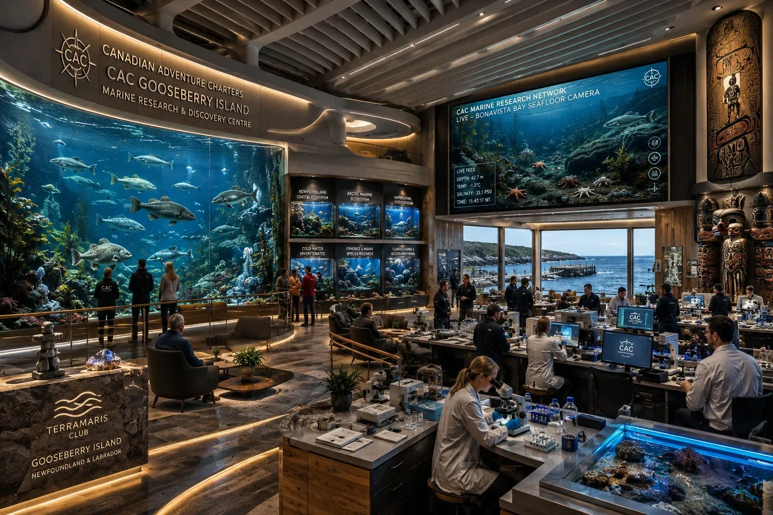 Concept image of a lounge with a large aquarium wall