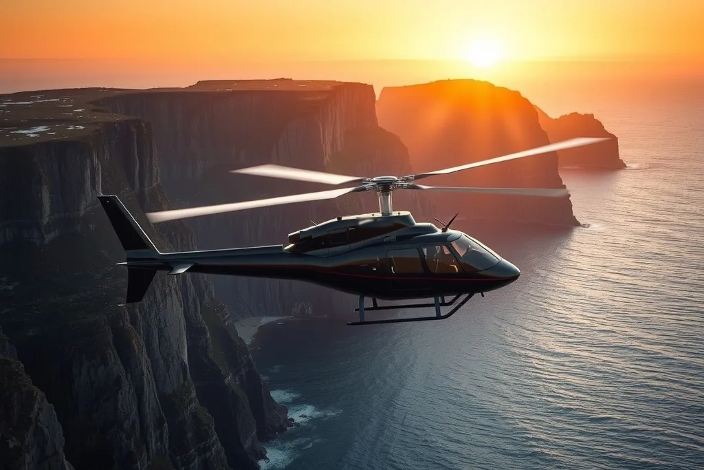 Concept image: an unmarked dark twin-engine helicopter flying low along Newfoundland sea cliffs at golden hour