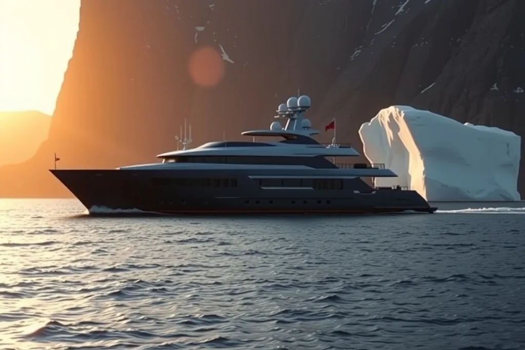 Concept image: an expedition yacht cruising past sea cliffs and an iceberg off the Newfoundland coast at golden hour