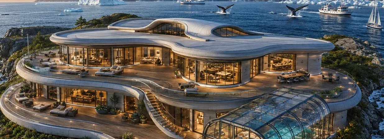 Concept image of a curved-glass lodge on the shoreline