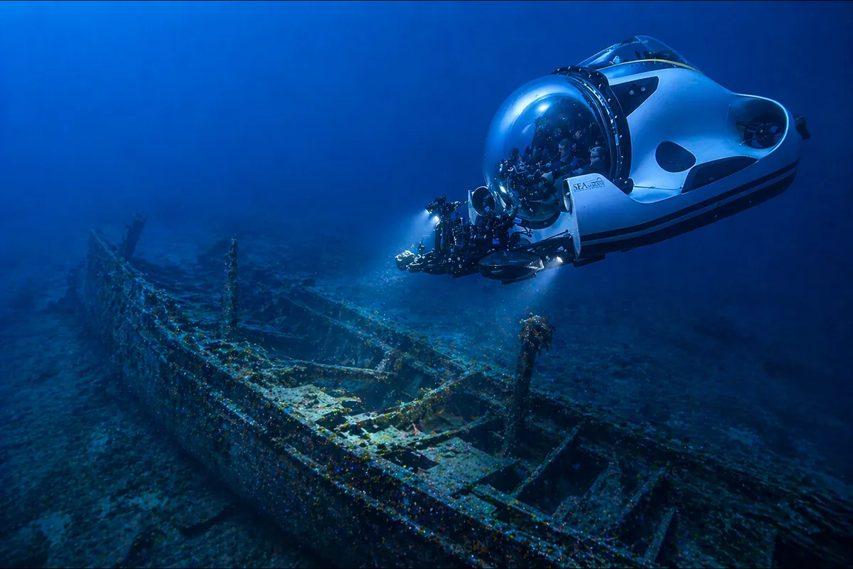 Concept image: a crewed submersible with a clear viewing sphere exploring a shipwreck in deep blue water. Planned, on request; not acquired